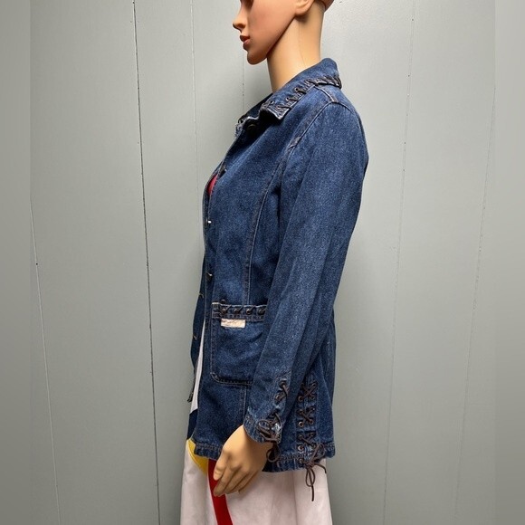 Vintage Lighthouse Jean Jacket Leather Lace up on arms sides pockets and neck. - Picture 4 of 16